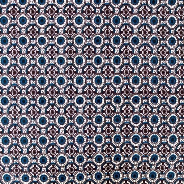 Tissu Wax Africain n°93 Blanc Motifs géométriques bleus et marrons x10cm