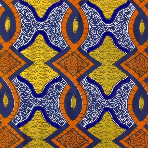 Tissu Wax Africain n°101 Blanc Motifs géométriques oranges, jaunes et violets x10cm