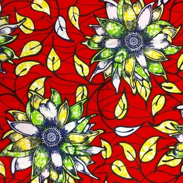 Tissu Wax africain N° 123 Orange Fleurs Vertes et jaunes - Par 50 cm