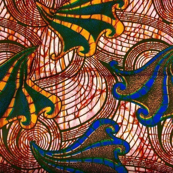 Tissu Wax africain N° 131 Rouge bordeaux Motifs africain Bleu roi et jaunes - Par 50 cm