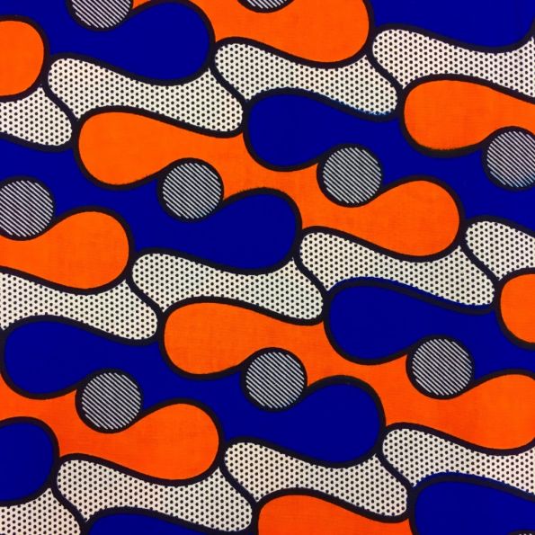 Tissu Wax africain N° 184 Blanc Motifs africain Oranges et bleu roi - Par 50 cm
