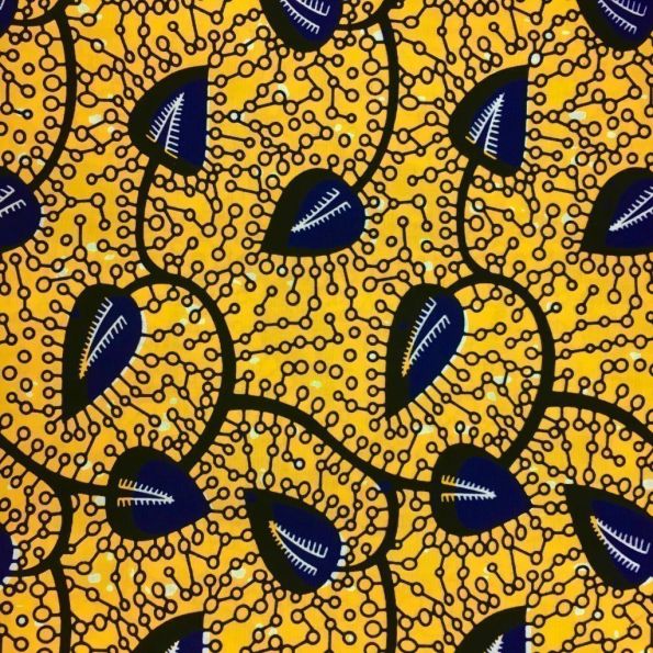 Tissu Wax africain N° 208 Jaune Feuilles Bleu marine - Par 50 cm