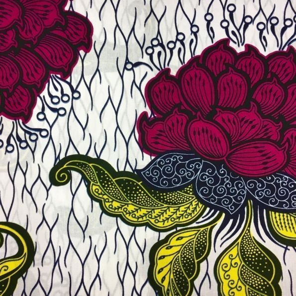 Tissu Wax africain N° 231 Blanc Fleurs Roses et jaunes - Par 50 cm