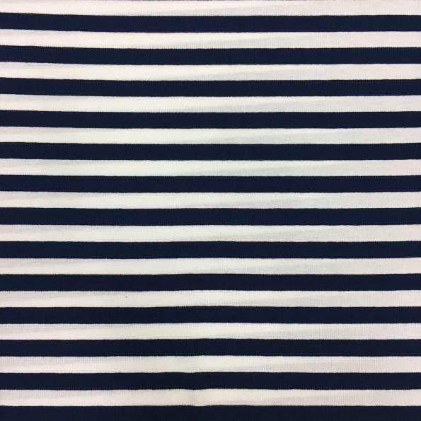 Tissu Jersey Viscose Marinière Rayures 1 cm Bleu marine et blanc - Par 10 cm