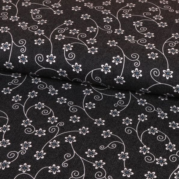 Tissu Denim Stretch Fleuris Marine - Par 10 cm