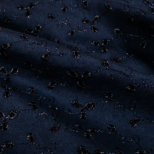 Tissu Broderie Anglaise Fleurs Marine - Par 10 cm