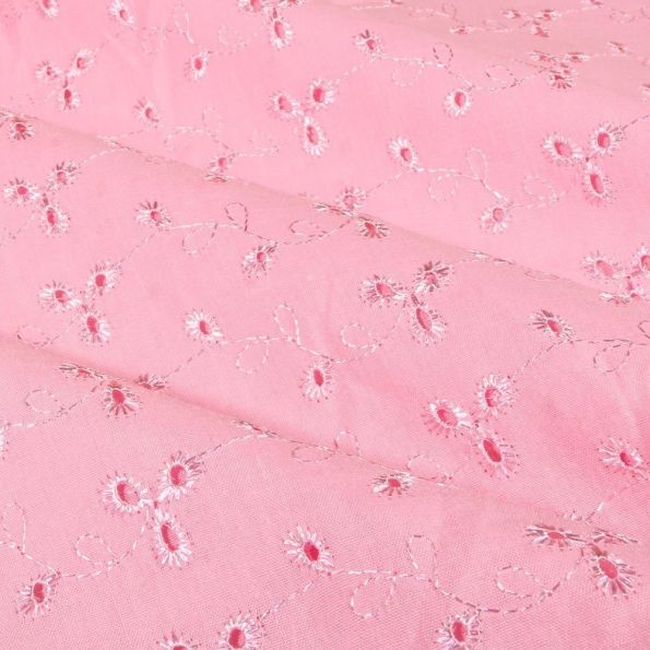 Tissu Broderie Anglaise Fleurs Rose - Par 10 cm