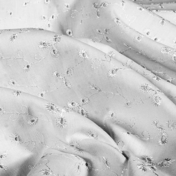 Tissu Broderie Anglaise Fleurs Gris clair - Par 10 cm