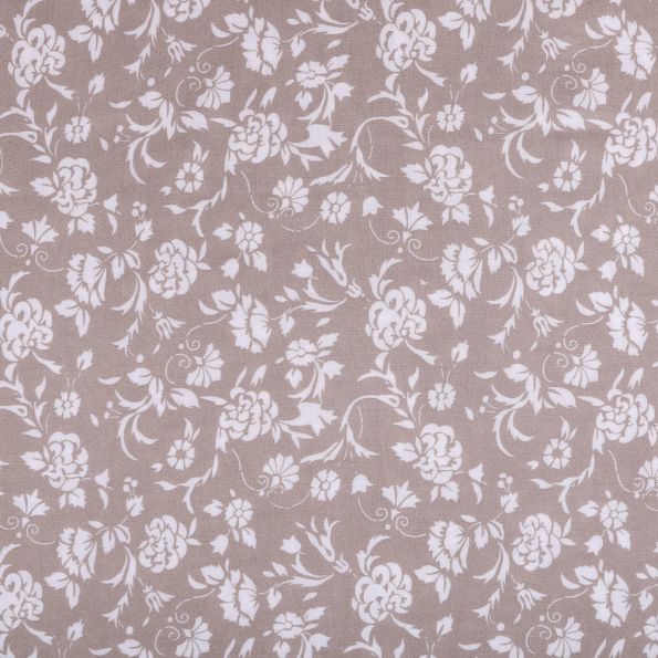 Tissu Viscose légère Beige Fleuris Blanc - Par 10 cm
