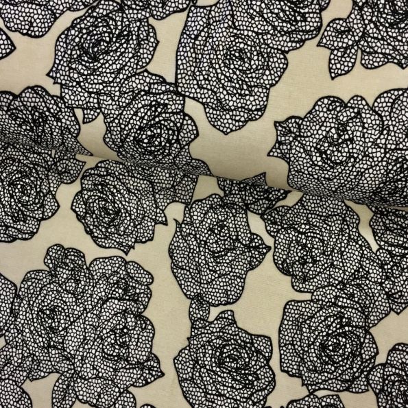 Tissu Jersey interlock Taupe Roses Noirs et blanches - Par 10 cm
