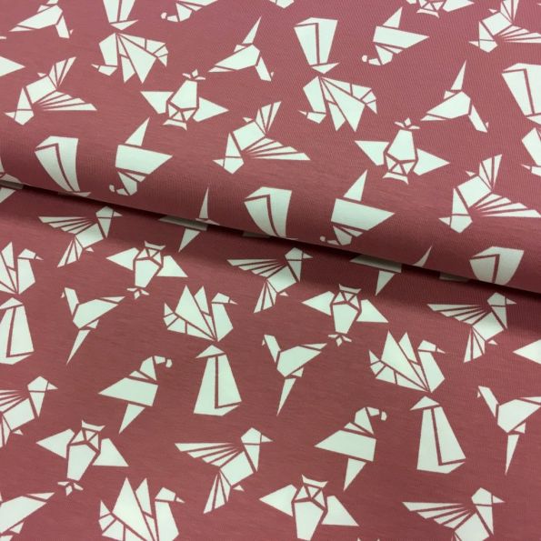 Tissu Jersey coton Rose pâle Origami Blanc - Par 10 cm