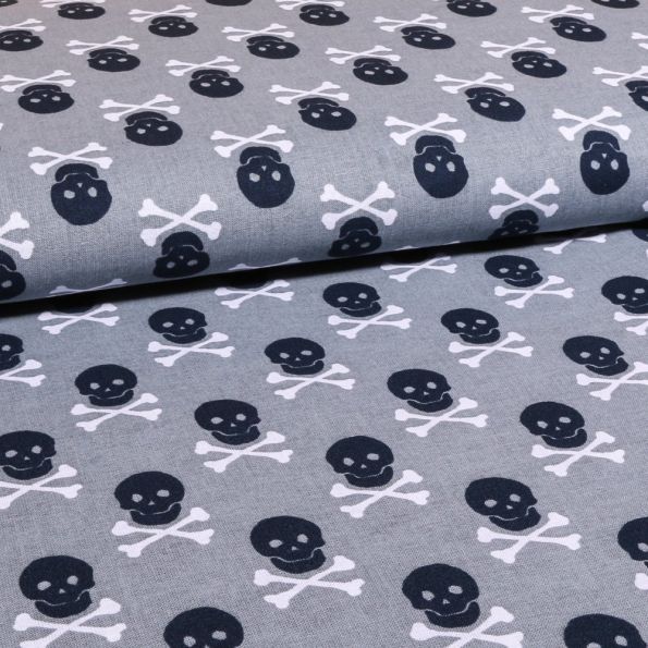 Tissu Coton Imprimé Gris pierre Tête de mort Marine et blanches - Par 10 cm