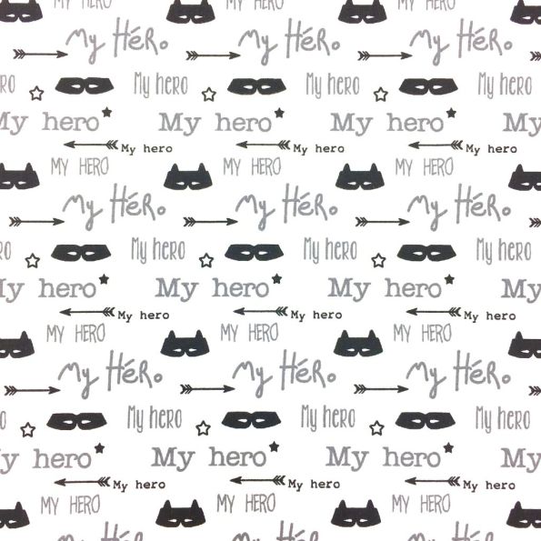 Tissu Coton Imprimé Arty Blanc Flèches, masques et lettres Noires et grises - Par 10 cm