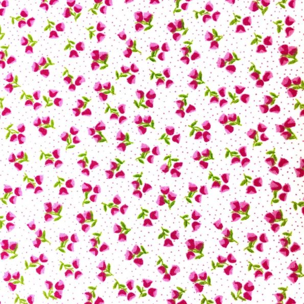 Tissu Coton imprimé Blanc Fleurs Roses - Par 10 cm