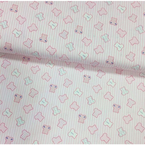 Tissu Popeline imprimée Rose bébé Oursons Roses - Par 10 cm
