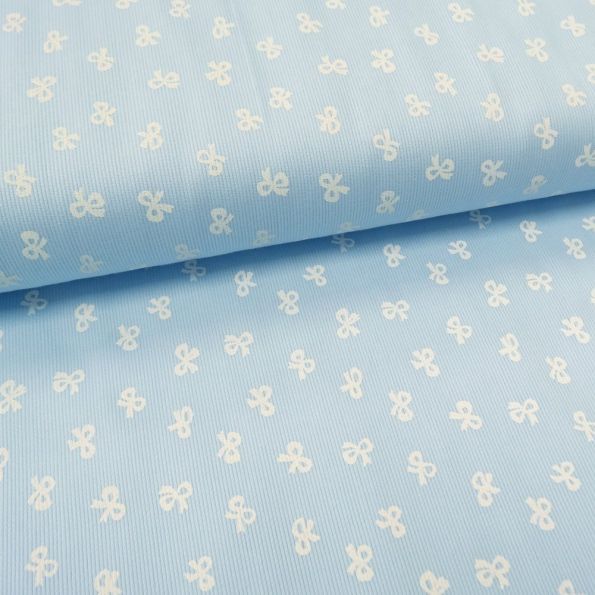 Tissu Piqué de coton Bleu ciel Noeuds Blancs 10 mm - Par 10 cm