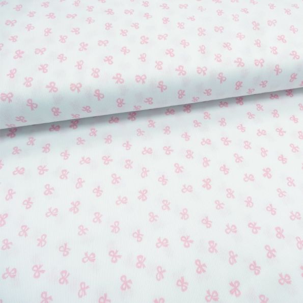 Tissu Piqué de coton Blanc Noeuds Roses 10 mm - Par 10 cm