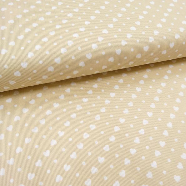 Tissu Piqué de coton Beige Coeurs Blancs 5 mm - Par 10 cm