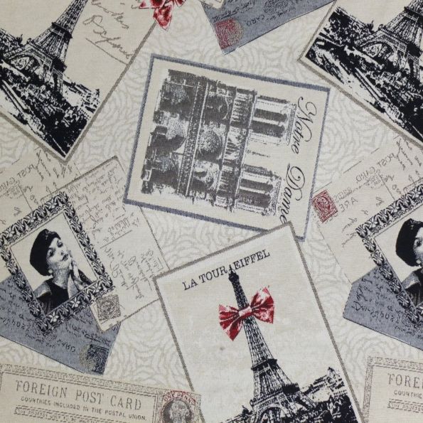 Tissu Jacquard Cartes postales vintage Paris Beige - Par 50 cm