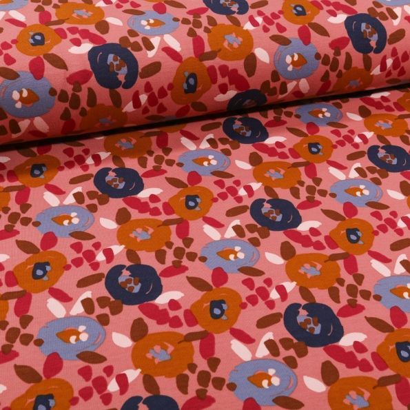 Tissu Jersey Coton Fleurs seventies sur fond Rose - Par 10 cm