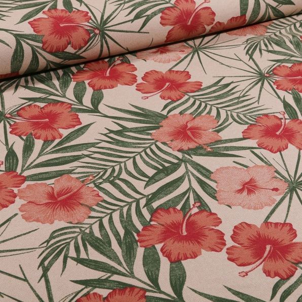 Tissu Toile Coton Hibiscus rose sur fond Naturel - Par 10 cm