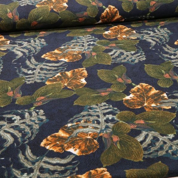 Tissu Crêpe imprimé Feuilles de Miltonia sur fond Bleu marine - Par 10 cm
