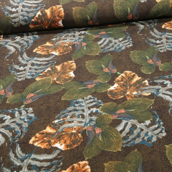 Tissu Crêpe imprimé Feuilles de Miltonia sur fond Vert kaki - Par 10 cm