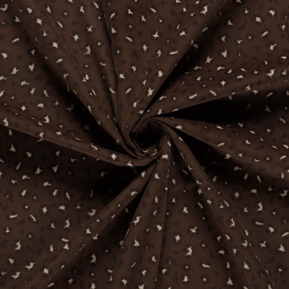 Tissu Velours Côtelé Thais léopard graphique Beige clair sur fond Marron chocolat - Par 10 cm