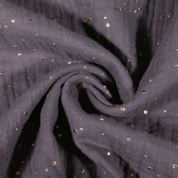 Tissu Double gaze Lina Pois dorés sur fond Gris foncé - Par 10 cm