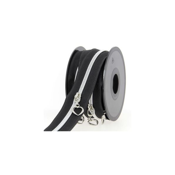 Fermeture spirale N°5 avec curseurs coeur argenté - Au mètre