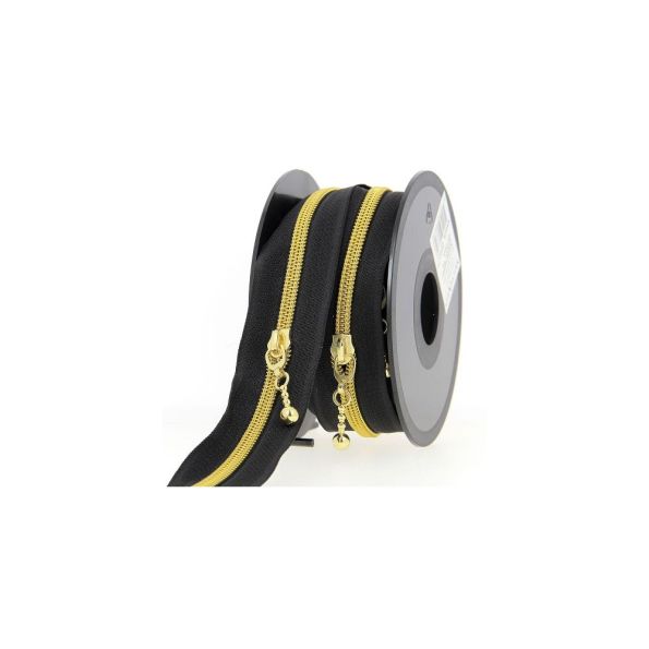 Fermeture spirale N°5 noire avec curseurs billes dorées - Au mètre