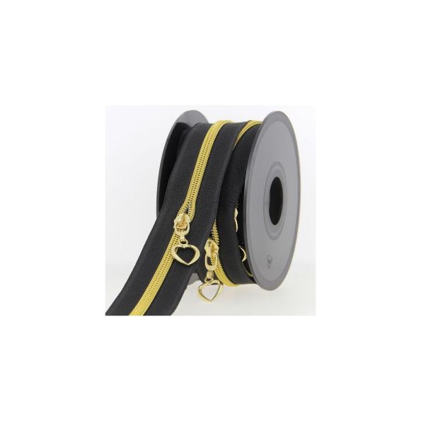 Fermeture spirale N°5 noire avec curseurs coeurs dorés - Au mètre