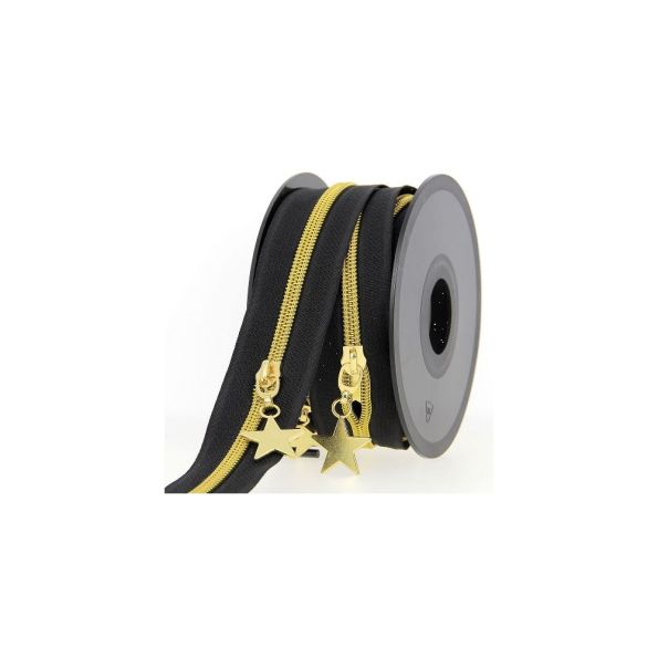 Fermeture spirale N°5 noire avec curseurs étoiles dorées - Au mètre