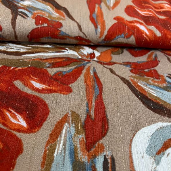 Tissu Crépon viscose lurex Noura Terracotta sur fond Beige - Par 10 cm