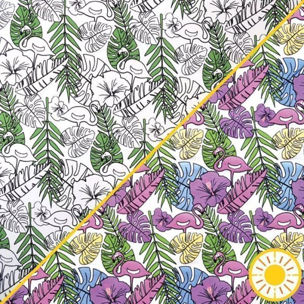 Tissu Jersey Coton Magique Jungle et flamants roses - Par 10 cm