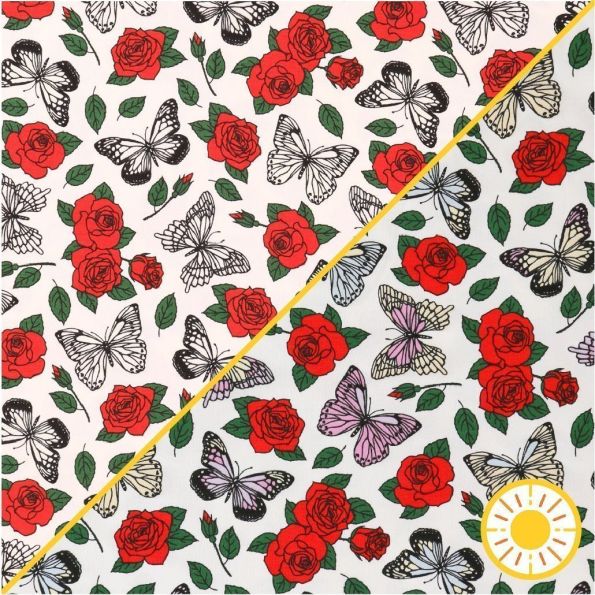Tissu Jersey Coton Magique Roses et Papillons - Par 10 cm