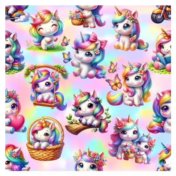 Tissu Polycoton envers Eponge licornes Lumina sur fond Multicolore - Par 10 cm