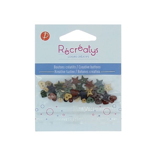 Boutons créatifs Récréatys Assortiment de boutons petit ronds, cœurs et étoiles