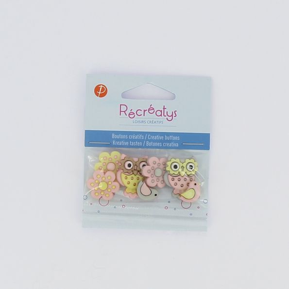 Boutons créatifs Récréatys Assortiment de 7 boutons Hiboux et fleurs