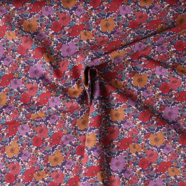 Tissu Voile de Coton fleurs Meadow sur fond Violet - Par 10 cm