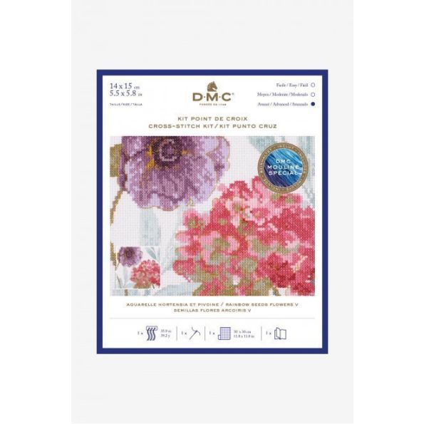 Kit Broderie Point de croix DMC Aquarelle Hortensia et Pivoine 14 x 15 cm