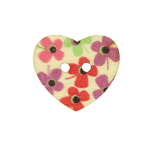 Bouton Cœur en bois 25 mm - Fleurs