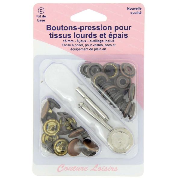 Boutons pressions pour tissus épais avec outil de pose 15 mm bronze