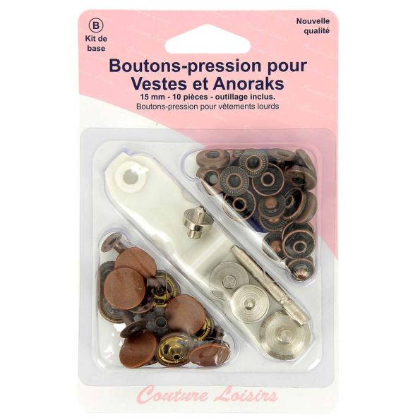 Boutons pressions pour vestes et anoraks 15 mm bronze avec outil de pose X10