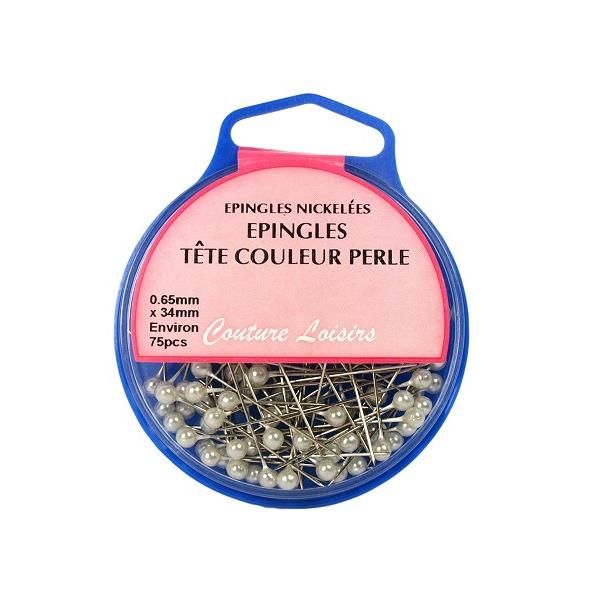 Epingles nickelées tête couleur perle - Environ 75 épingles