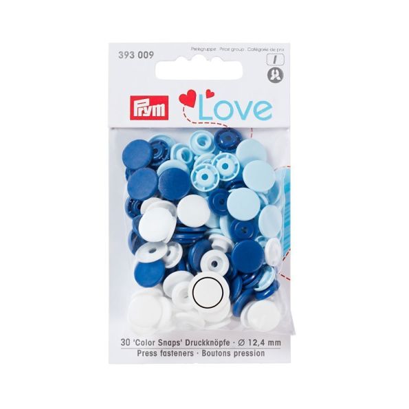 Assortiment de boutons pression Prym Love ColorSnaps - Calotte lisse bleu/blanc/bleu clair