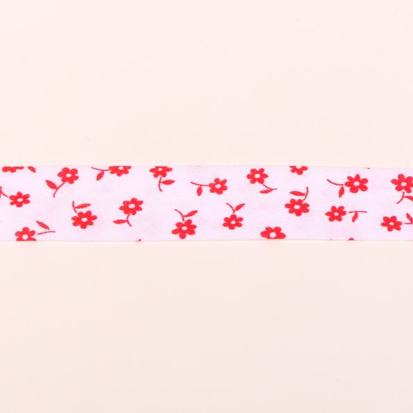 Biais imprimé 20 mm Rouge et blanc Fleuris x1m