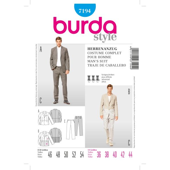 Patron Burda 7194 Costume complet pour hommes
