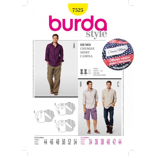 Patron Burda Cousu Main 7525 Chemise homme