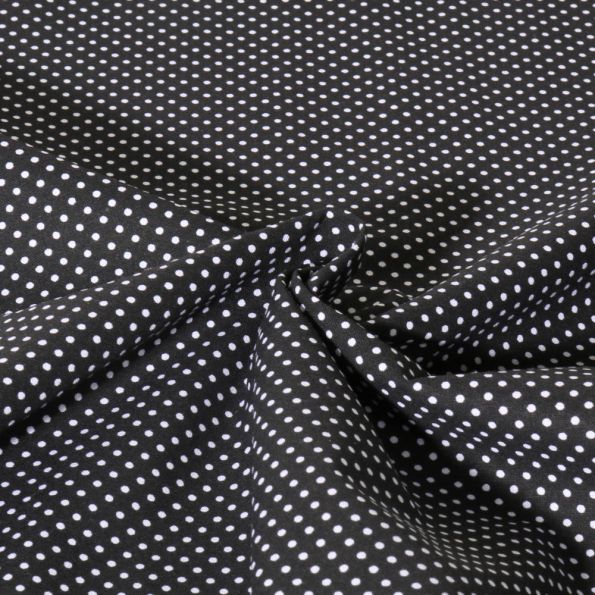 Tissu Popeline de Coton  Carmella à pois blanc sur fond Noir - Par 10 cm